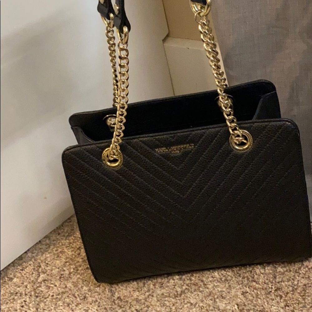 Karl Lagerfeld black leather bag with gold links